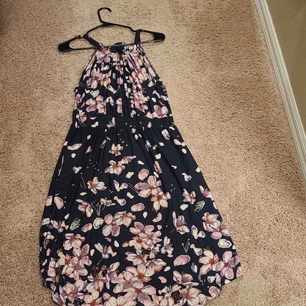 Floral Halter Maxi Dress - Navy with Pink Blossoms
